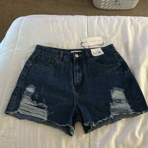 KHAKI + BLUE high rise shorts raw edge hem Butterfly embroidery size 11/30